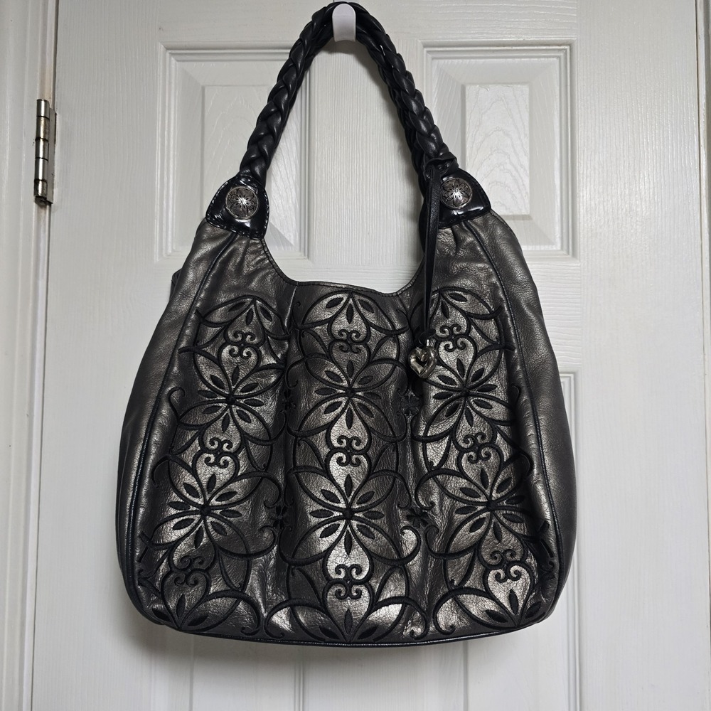 Brighton Florencia Metallic Gray Floral Embroidered Handbag Shoulder Bag Purse